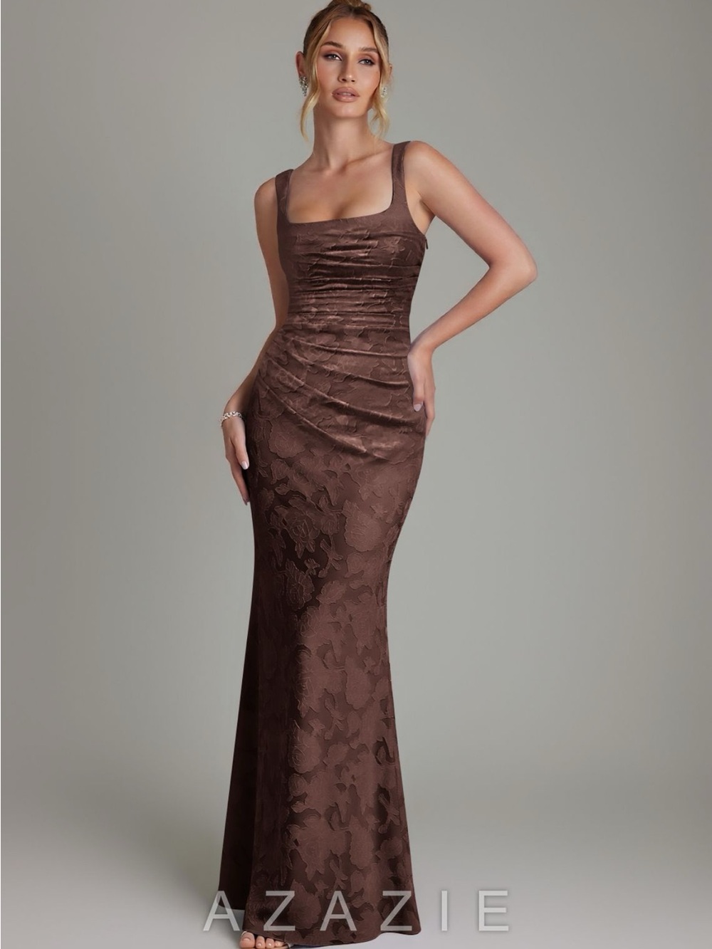 Azazie Augustine Ganache Brown Mermaid Corset Floral Burnout Maxi Gown